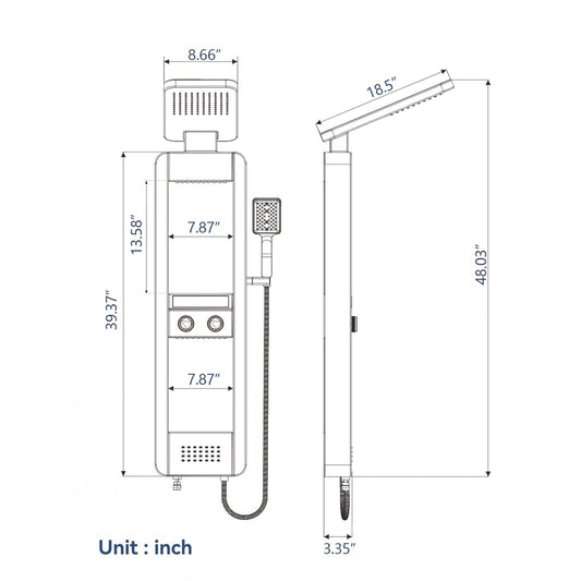 ELLO&ALLO LED rainfall shower panel with body jets and shelf, stainless steel tower system, brushed nickel and chrome