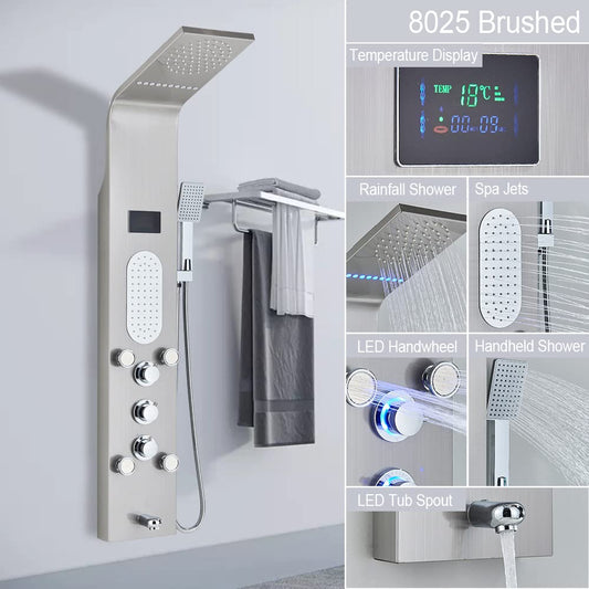 Yuidaaavzz LED shower faucet panel system with rainfall waterfall and massage jets, brushed nickel finish