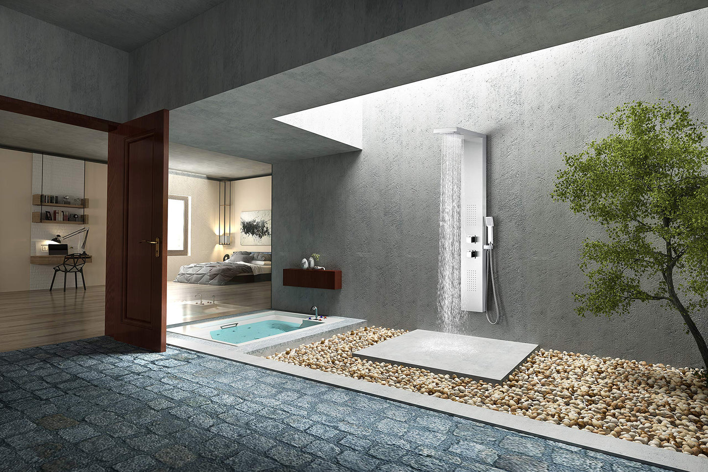 ANZZI Expanse full body massage shower panel with jetted system, rainfall and handheld, brushed steel finish