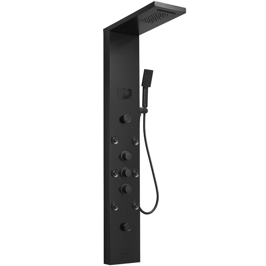 BWE LED shower panel tower system with temperature display, rainfall waterfall, body jets, tub spout and handheld shower, matte black