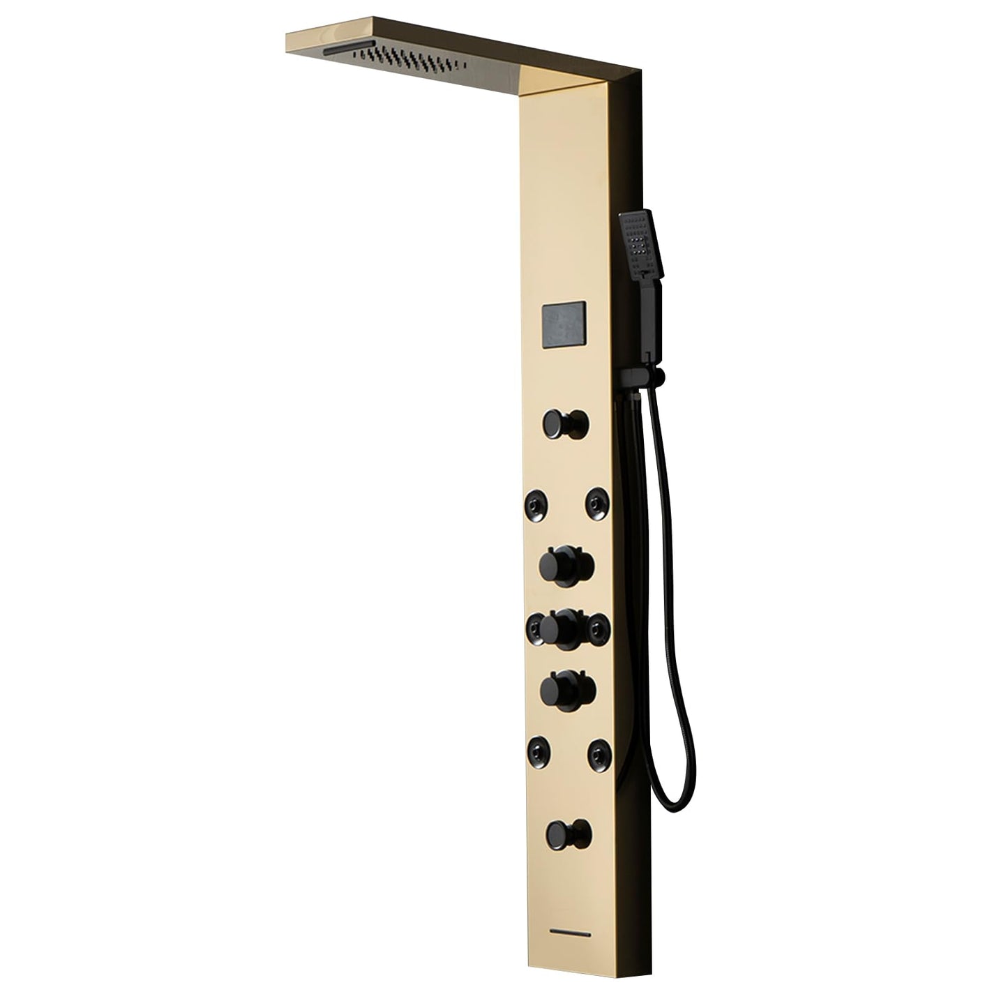 Bathfinesse gold shower panel system with LED light and LCD display, 5 in 1 massage modes, wall mounted shower tower
