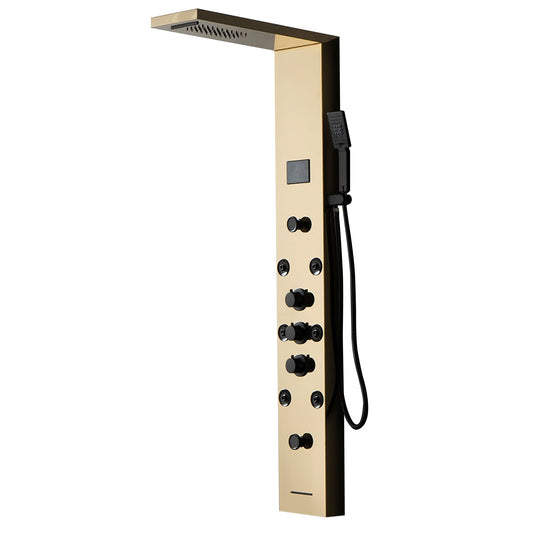 Bathfinesse gold shower panel system with LED light and LCD display, 5 in 1 massage modes, wall mounted shower tower
