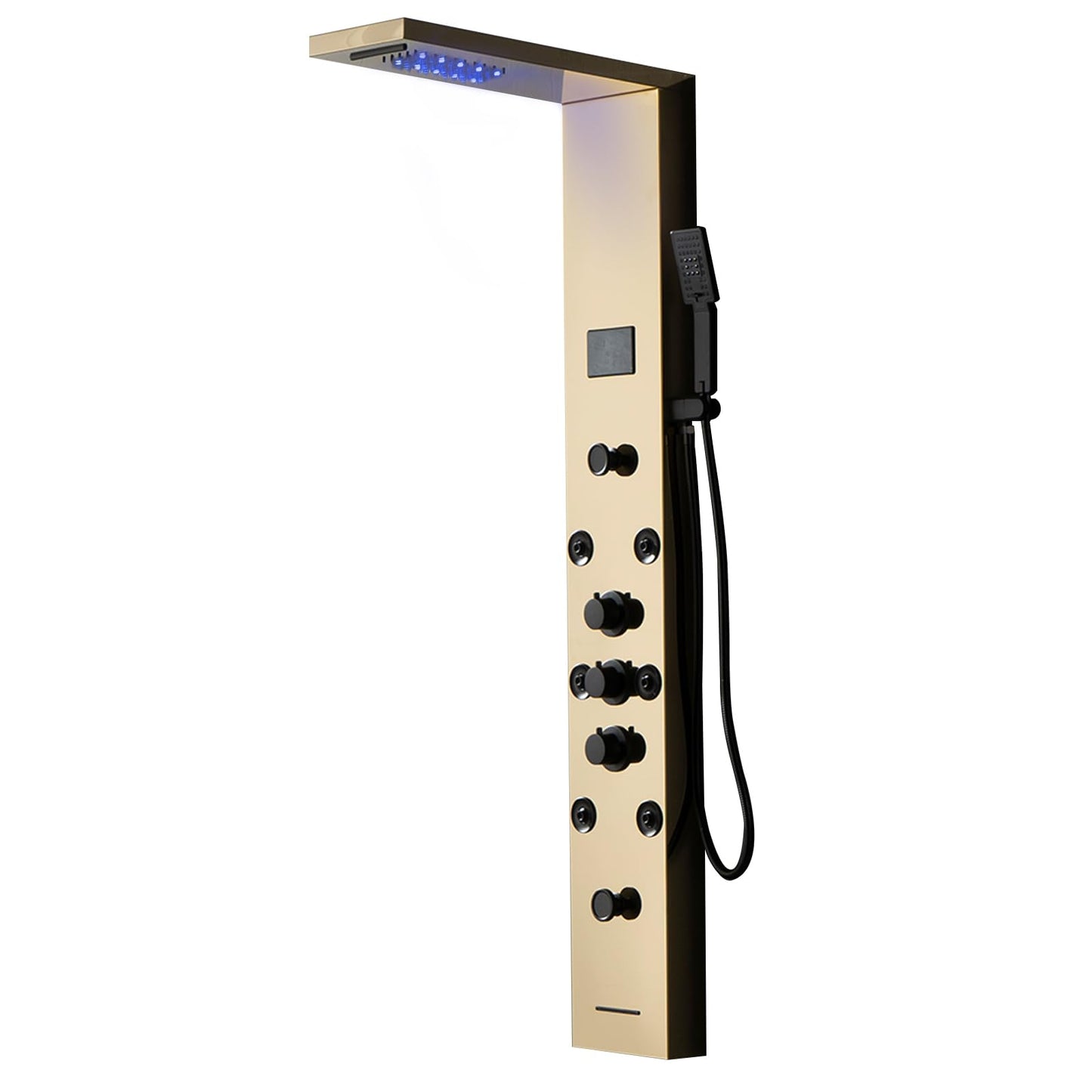 Bathfinesse gold shower panel system with LED light and LCD display, 5 in 1 massage modes, wall mounted shower tower