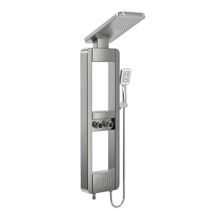 ELLO&ALLO shower panel tower system with rainfall shower head, body jets, stainless steel, shelf, brushed nickel and chrome finish