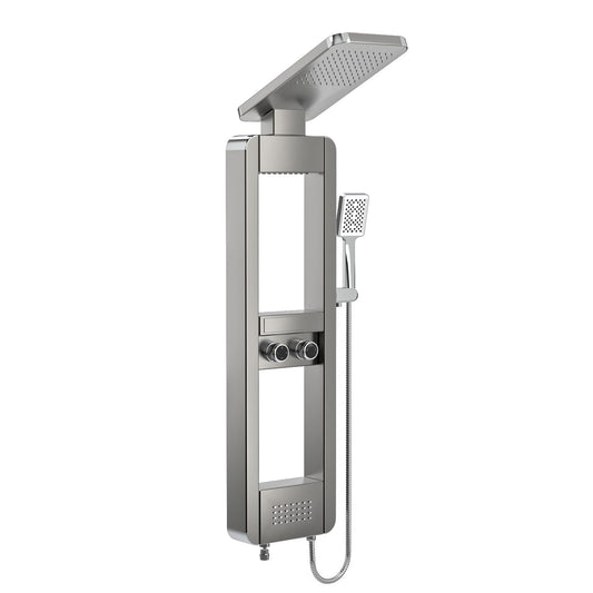 ELLO&ALLO shower panel tower system with rainfall shower head, body jets, stainless steel, shelf, brushed nickel and chrome finish