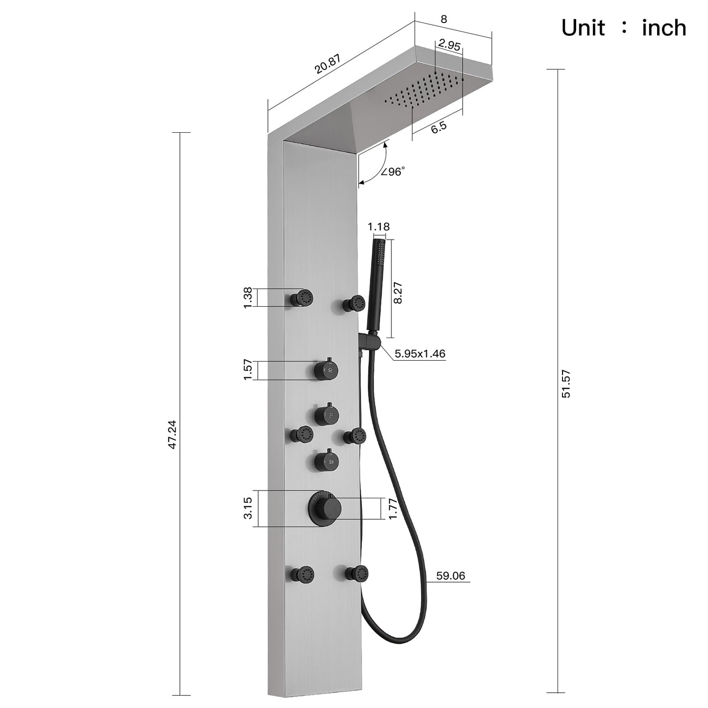 Greenspring brushed nickel shower panel tower with rainfall head, handheld wand and body jets, 3 in 1 multifunction system