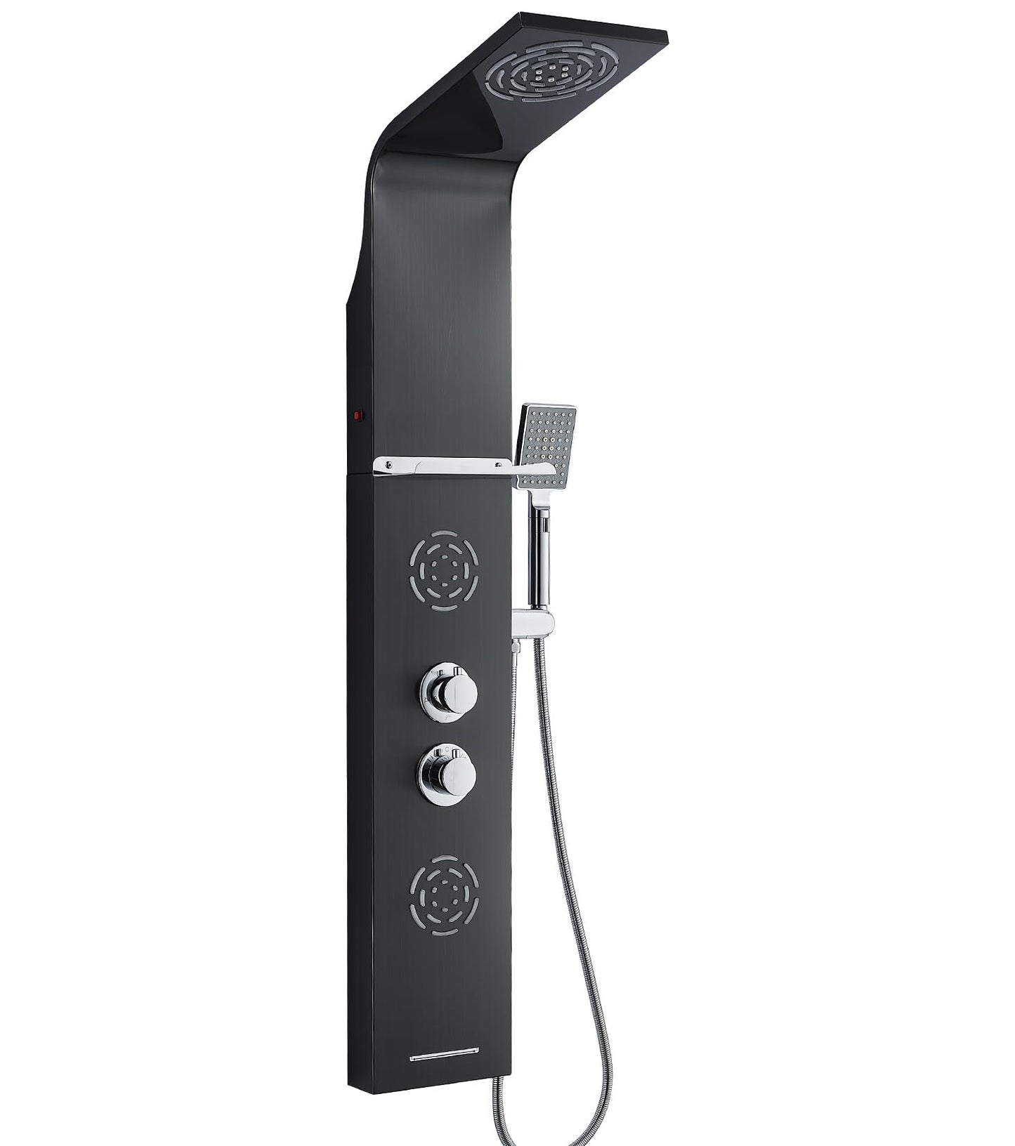 POPFLY LED shower panel system with rainfall and mist, body jets, tub spout and handheld shower, stainless steel, matte black