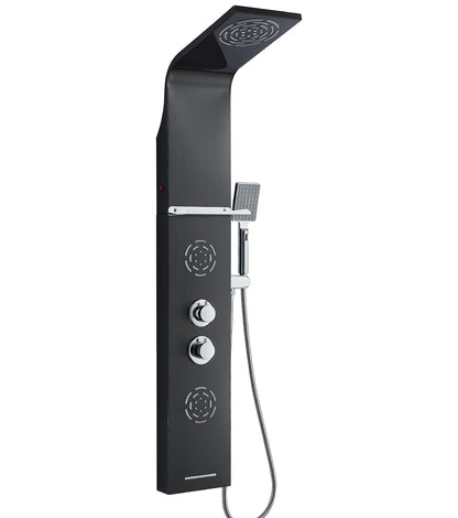 POPFLY LED shower panel system with rainfall and mist, body jets, tub spout and handheld shower, stainless steel, matte black