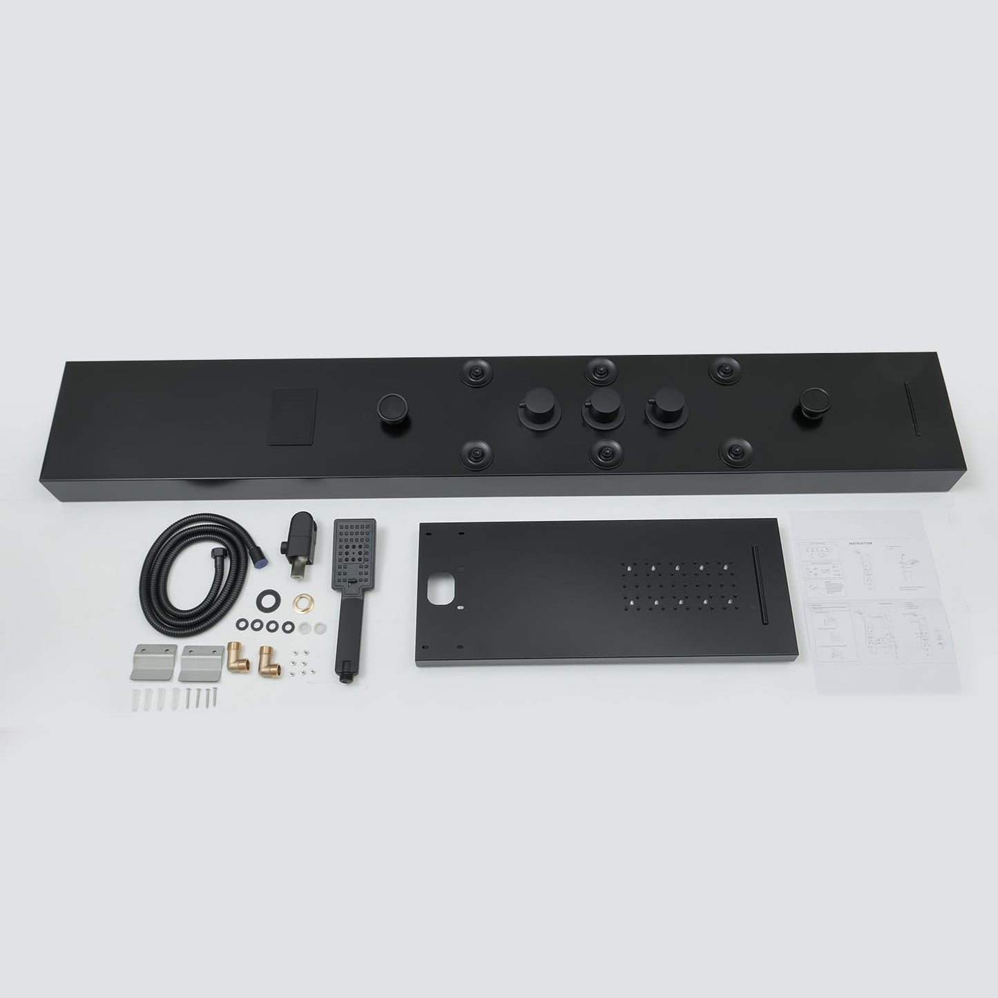 BWE LED shower panel tower system with temperature display, rainfall waterfall, body jets, tub spout and handheld shower, matte black