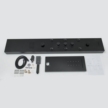 BWE LED shower panel tower system with temperature display, rainfall waterfall, body jets, tub spout and handheld shower, matte black
