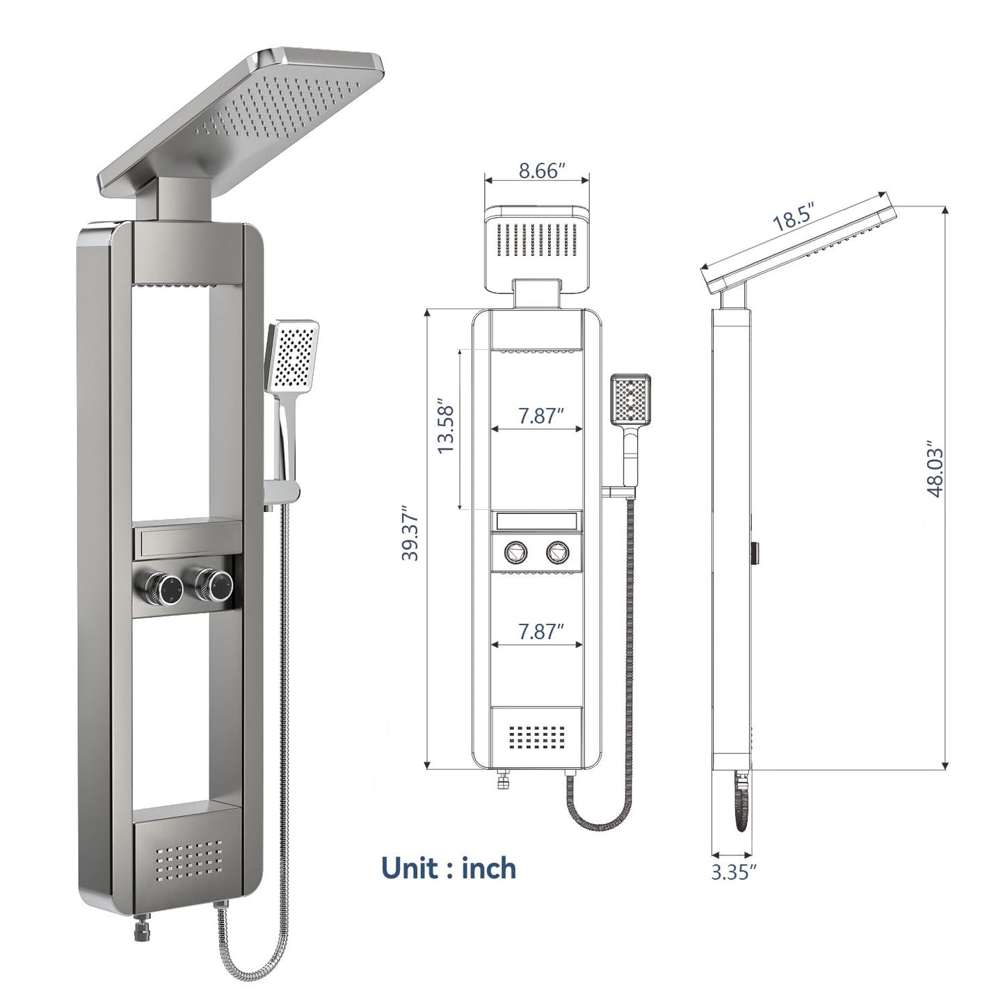ELLO&ALLO shower panel tower system with rainfall shower head, body jets, stainless steel, shelf, brushed nickel and chrome finish