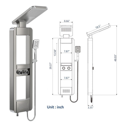 ELLO&ALLO shower panel tower system with rainfall shower head, body jets, stainless steel, shelf, brushed nickel and chrome finish