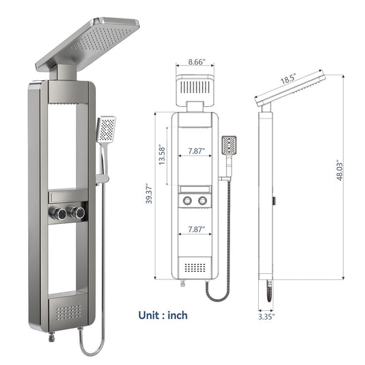 ELLO&ALLO shower panel tower system with rainfall shower head, body jets, stainless steel, shelf, brushed nickel and chrome finish