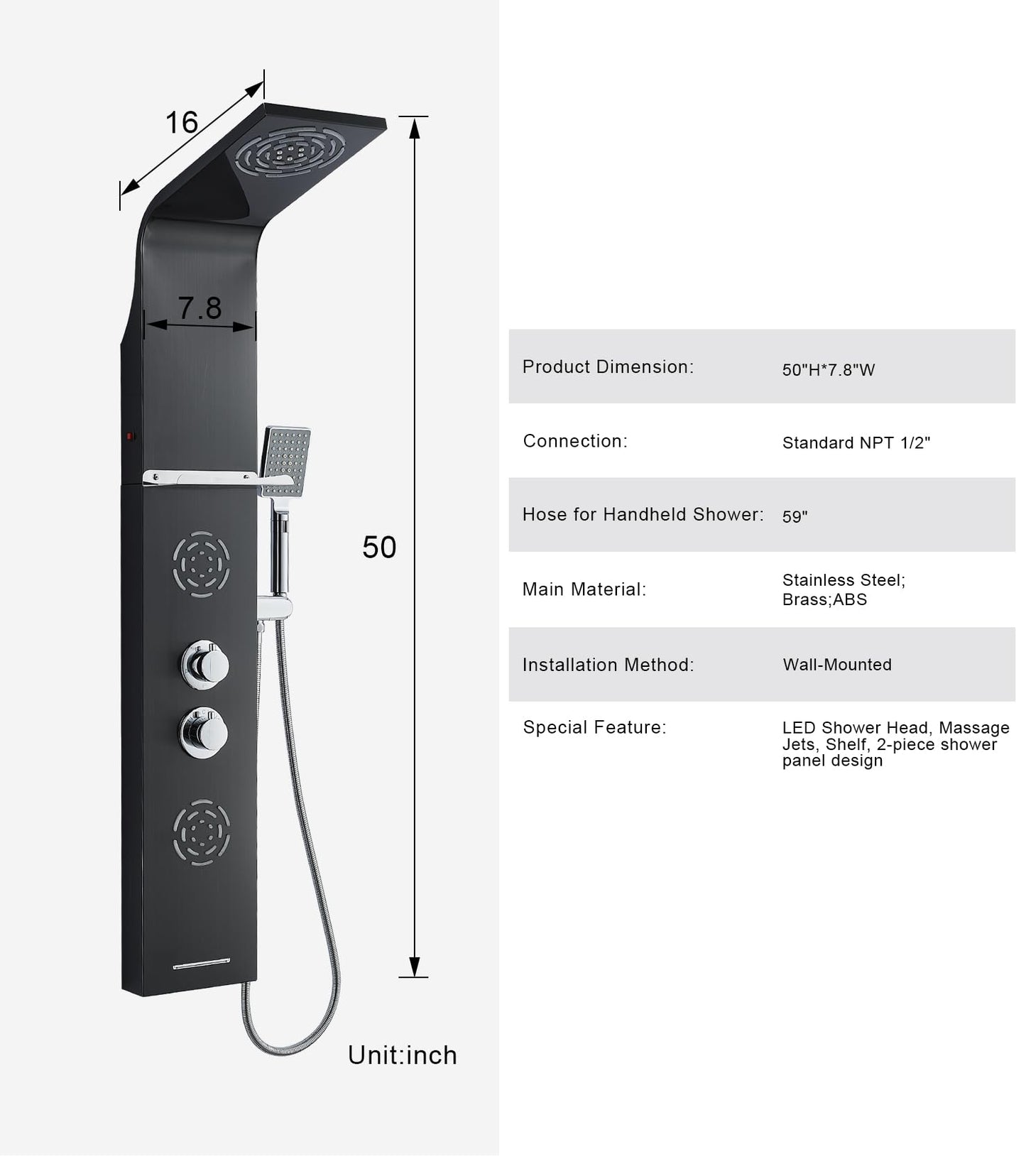 POPFLY LED shower panel system with rainfall and mist, body jets, tub spout and handheld shower, stainless steel, matte black