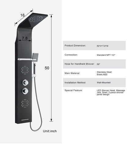 POPFLY LED shower panel system with rainfall and mist, body jets, tub spout and handheld shower, stainless steel, matte black