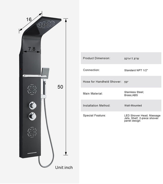 POPFLY LED shower panel system with rainfall and mist, body jets, tub spout and handheld shower, stainless steel, matte black