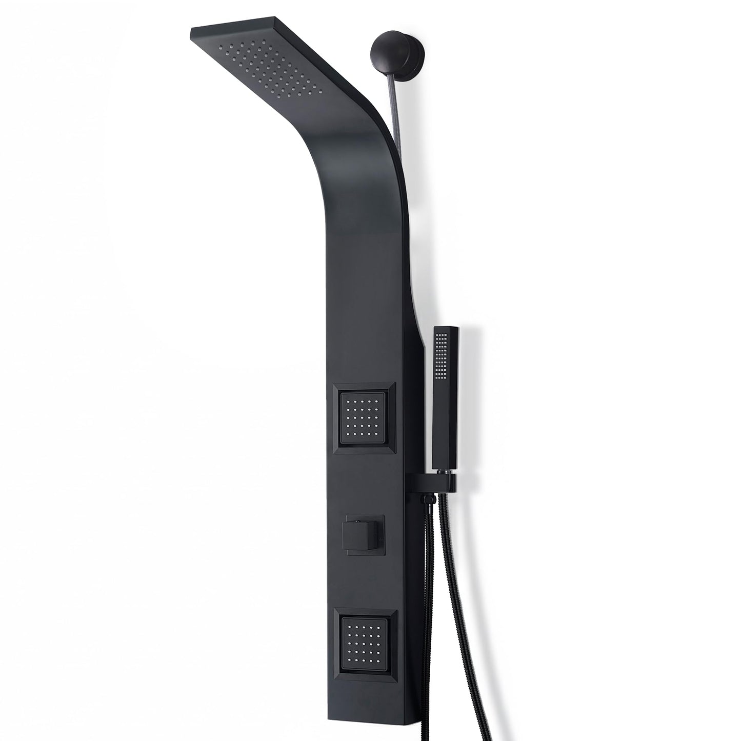 ANZZI Aura 2 jetted shower panel with rainfall and spray wand, matte black finish, easy DIY retrofit design