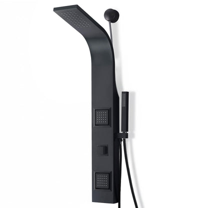 ANZZI Aura 2 jetted shower panel with rainfall and spray wand, matte black finish, easy DIY retrofit design