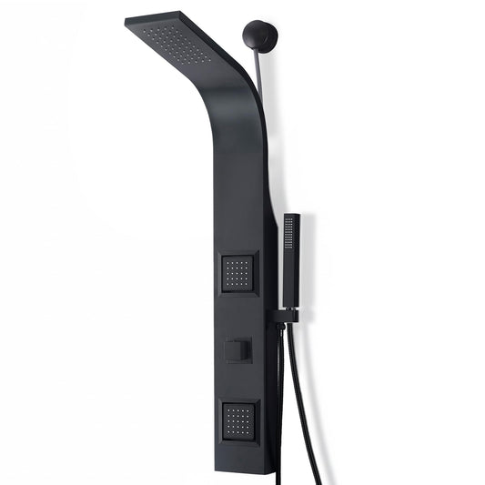 ANZZI Aura 2 jetted shower panel with rainfall and spray wand, matte black finish, easy DIY retrofit design