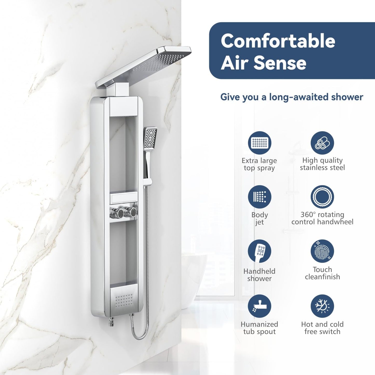 ELLO&ALLO shower panel tower system with rainfall shower head, body jets, stainless steel, shelf, brushed nickel and chrome finish