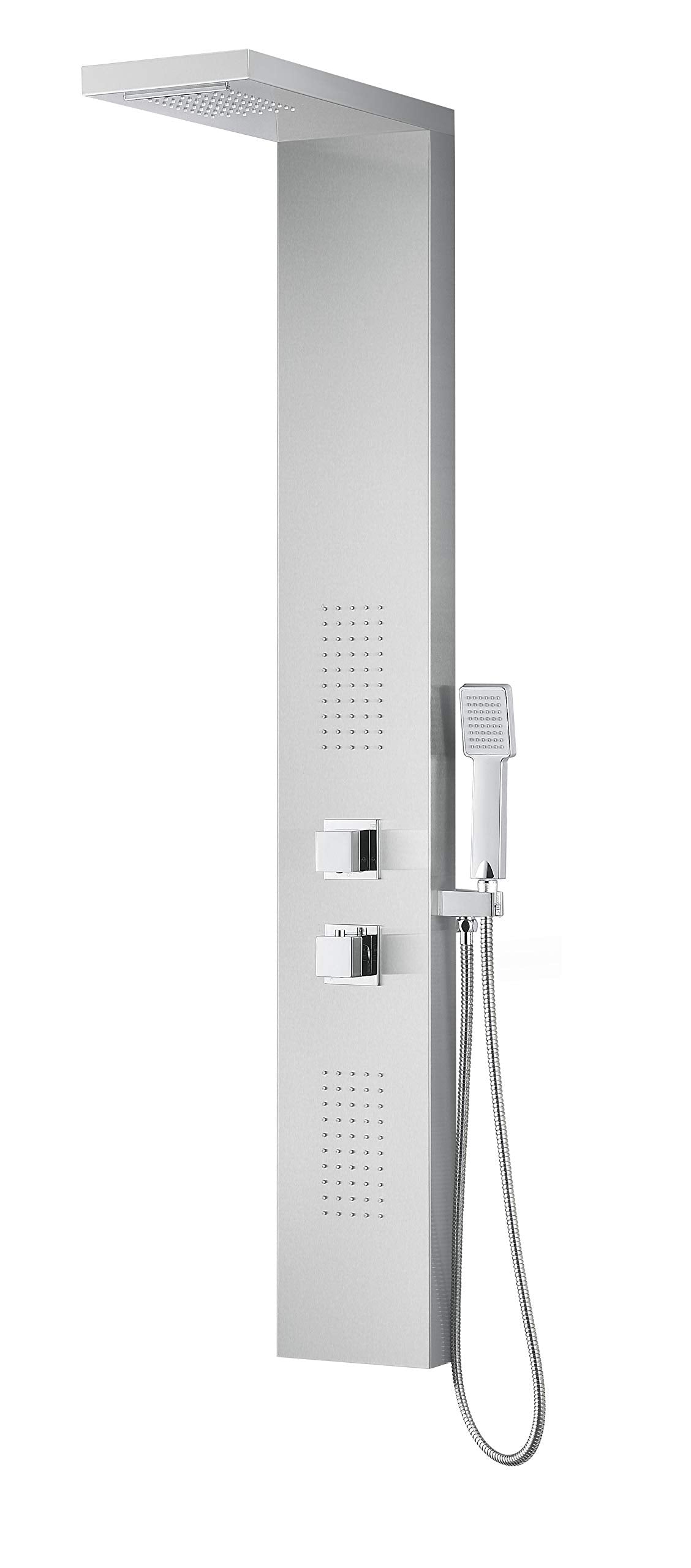 ANZZI Expanse full body massage shower panel with jetted system, rainfall and handheld, brushed steel finish