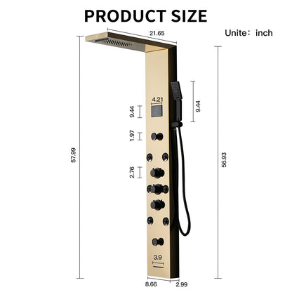 Bathfinesse gold shower panel system with LED light and LCD display, 5 in 1 massage modes, wall mounted shower tower