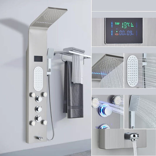 Yuidaaavzz LED shower faucet panel system with rainfall waterfall and massage jets, brushed nickel finish