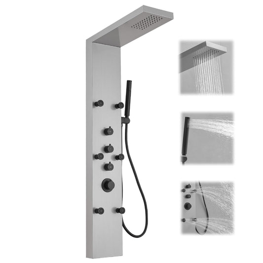 Greenspring brushed nickel shower panel tower with rainfall head, handheld wand and body jets, 3 in 1 multifunction system