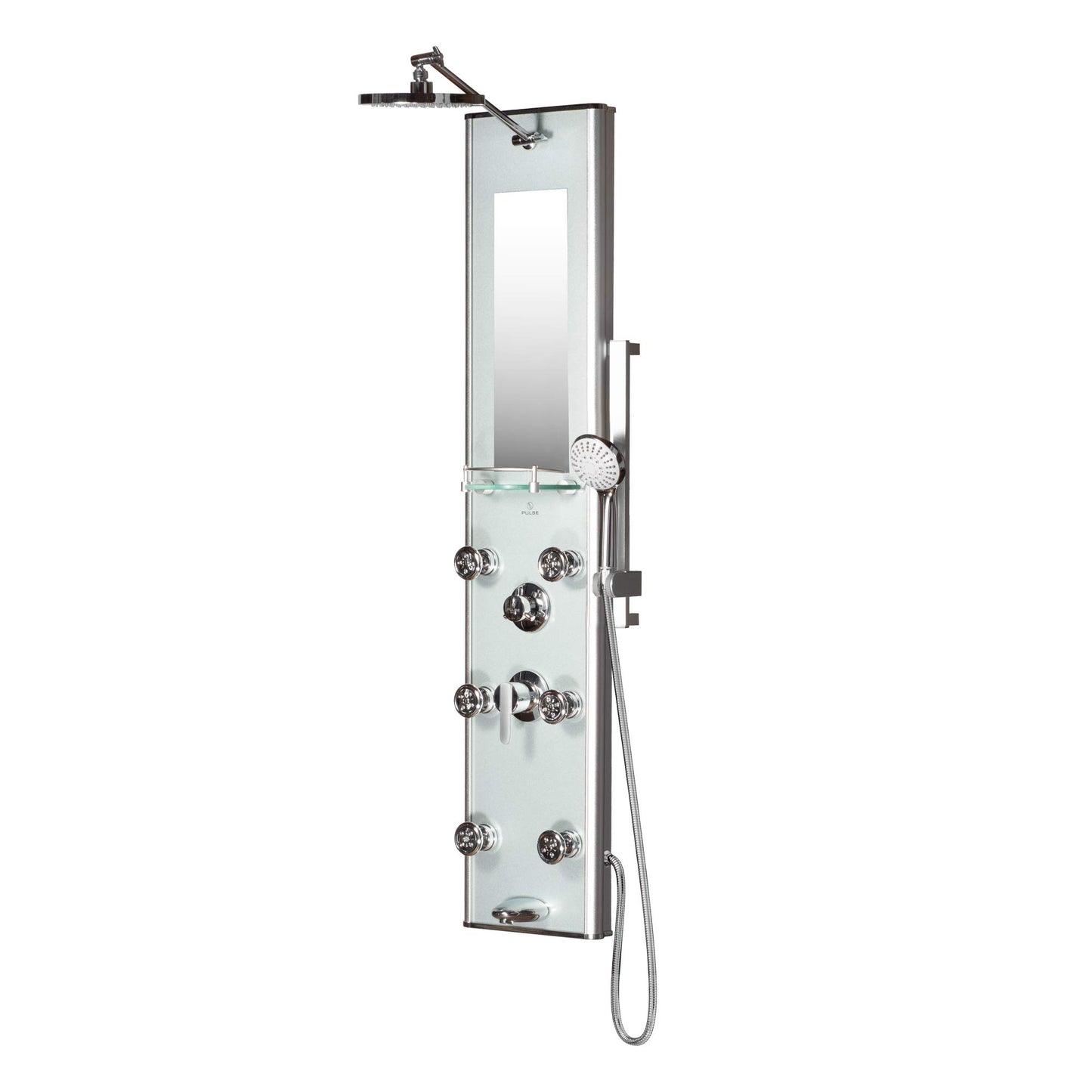 Kihei II shower panel system with 8 inch rainfall head, handheld spray, 6 body jets, 5 function wand and chrome fixtures