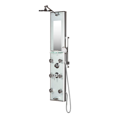 Kihei II shower panel system with 8 inch rainfall head, handheld spray, 6 body jets, 5 function wand and chrome fixtures