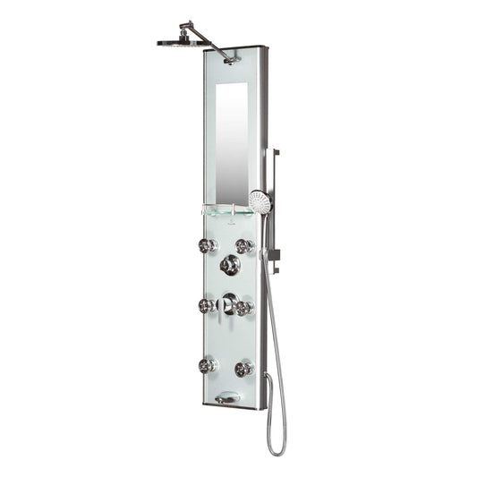 Kihei II shower panel system with 8 inch rainfall head, handheld spray, 6 body jets, 5 function wand and chrome fixtures
