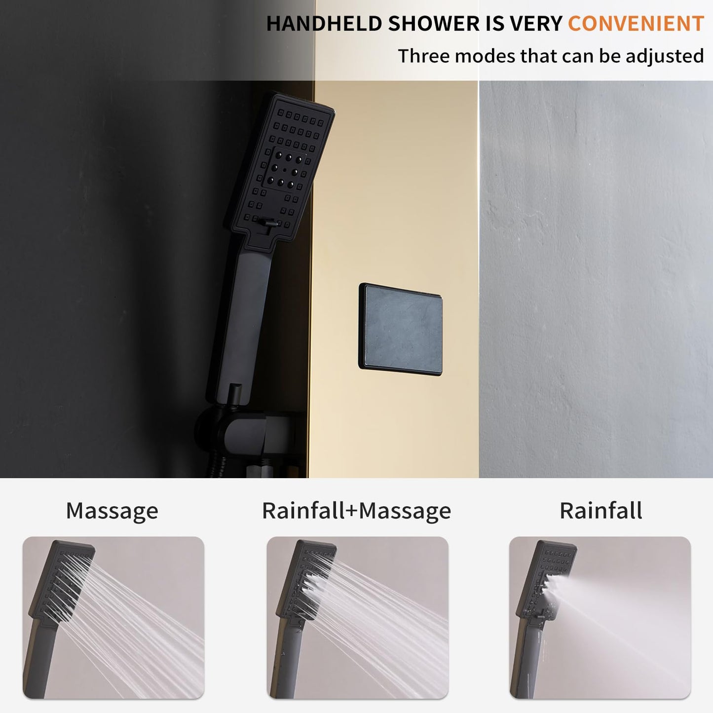 Bathfinesse gold shower panel system with LED light and LCD display, 5 in 1 massage modes, wall mounted shower tower