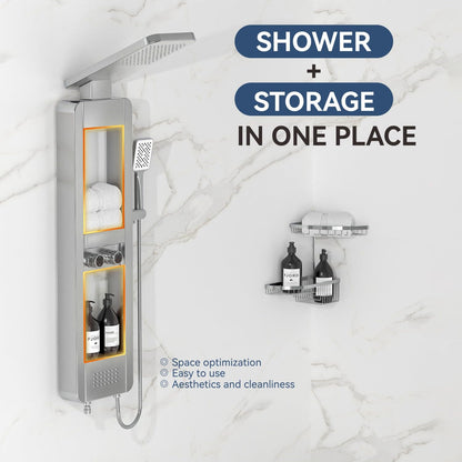 ELLO&ALLO shower panel tower system with rainfall shower head, body jets, stainless steel, shelf, brushed nickel and chrome finish