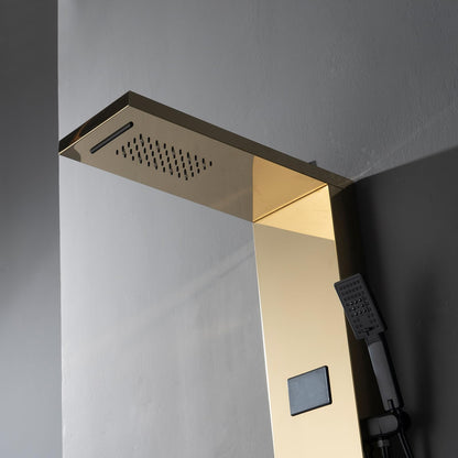 Bathfinesse gold shower panel system with LED light and LCD display, 5 in 1 massage modes, wall mounted shower tower