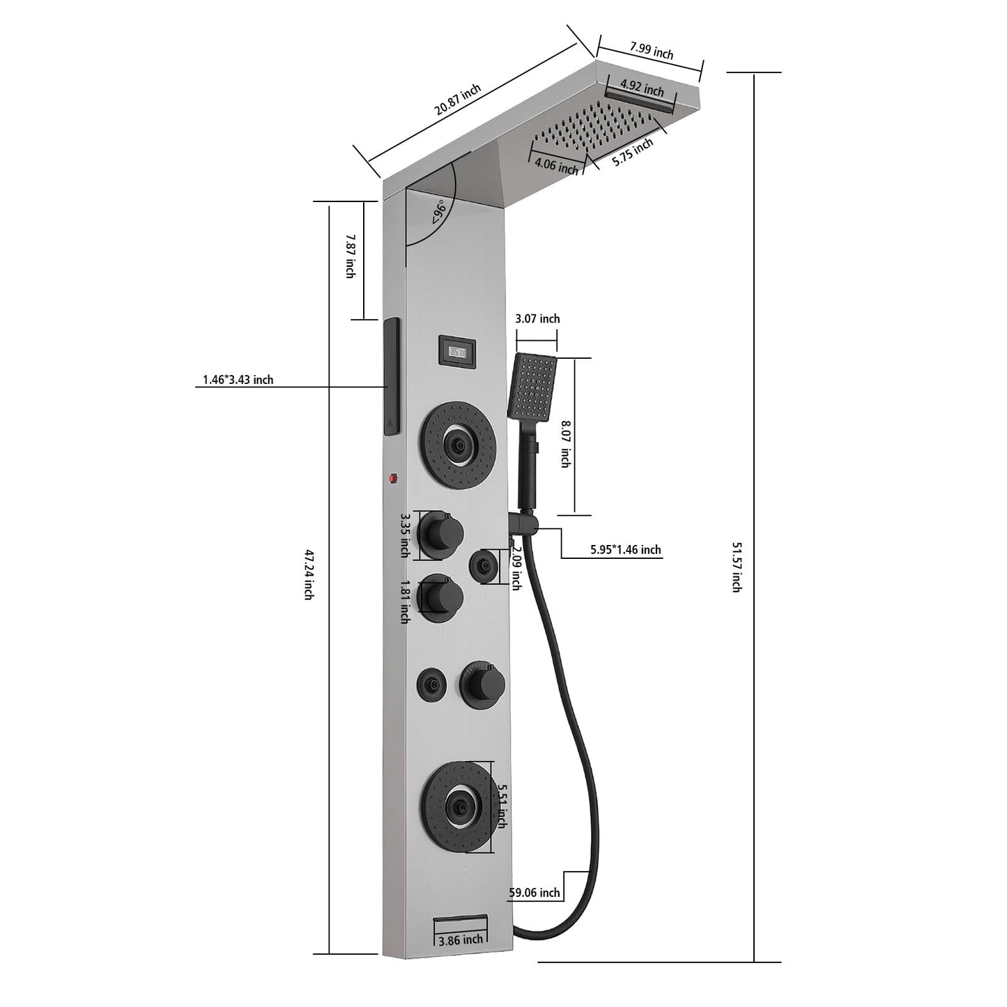 BWE stainless steel shower panel system with LED rainfall, waterfall, 4 body jets, handheld shower and temperature display