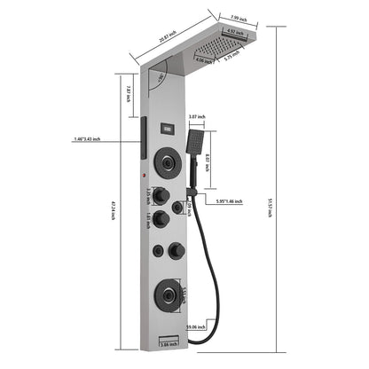 BWE stainless steel shower panel system with LED rainfall, waterfall, 4 body jets, handheld shower and temperature display