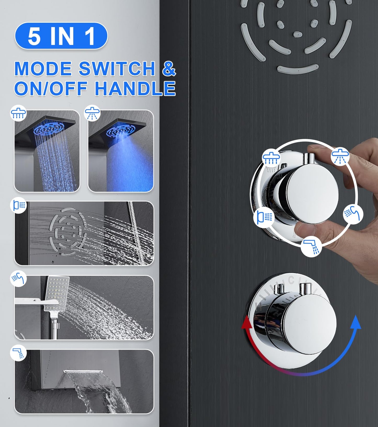 POPFLY LED shower panel system with rainfall and mist, body jets, tub spout and handheld shower, stainless steel, matte black