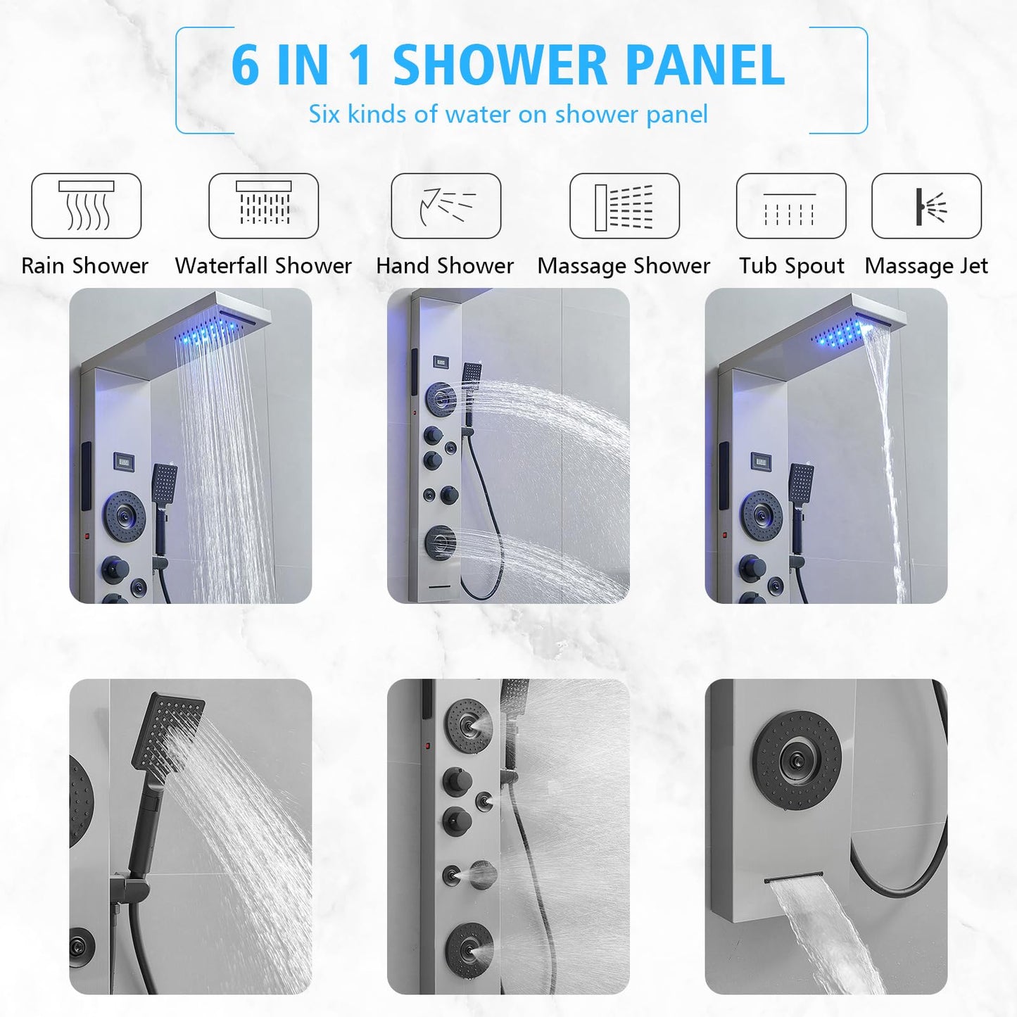 BWE stainless steel shower panel system with LED rainfall, waterfall, 4 body jets, handheld shower and temperature display