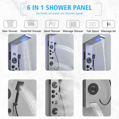 BWE stainless steel shower panel system with LED rainfall, waterfall, 4 body jets, handheld shower and temperature display