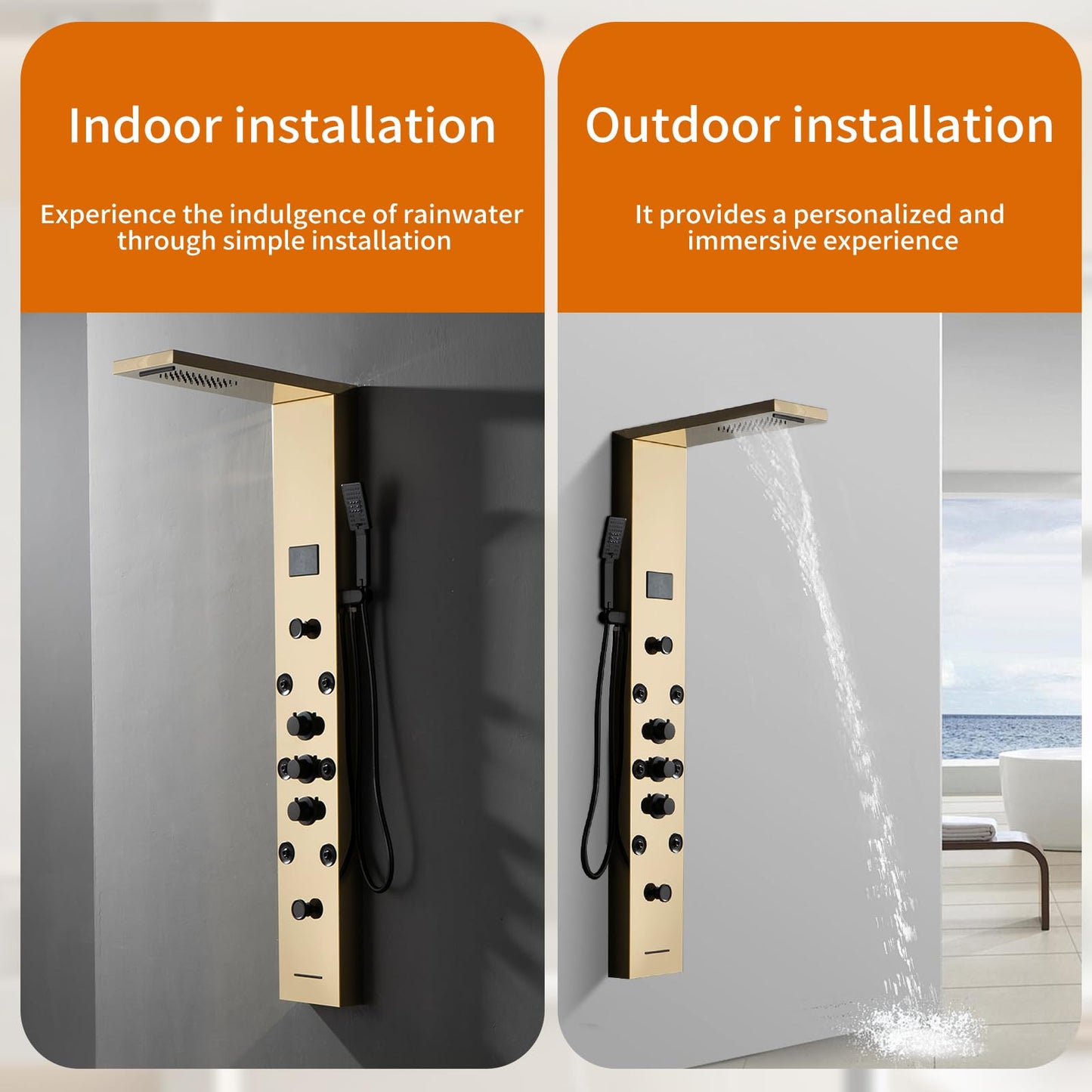 Bathfinesse gold shower panel system with LED light and LCD display, 5 in 1 massage modes, wall mounted shower tower