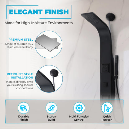 ANZZI Aura 2 jetted shower panel with rainfall and spray wand, matte black finish, easy DIY retrofit design