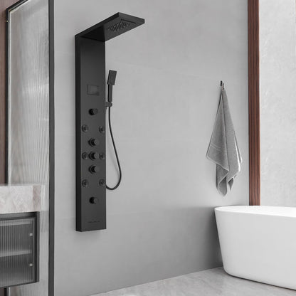 BWE LED shower panel tower system with temperature display, rainfall waterfall, body jets, tub spout and handheld shower, matte black