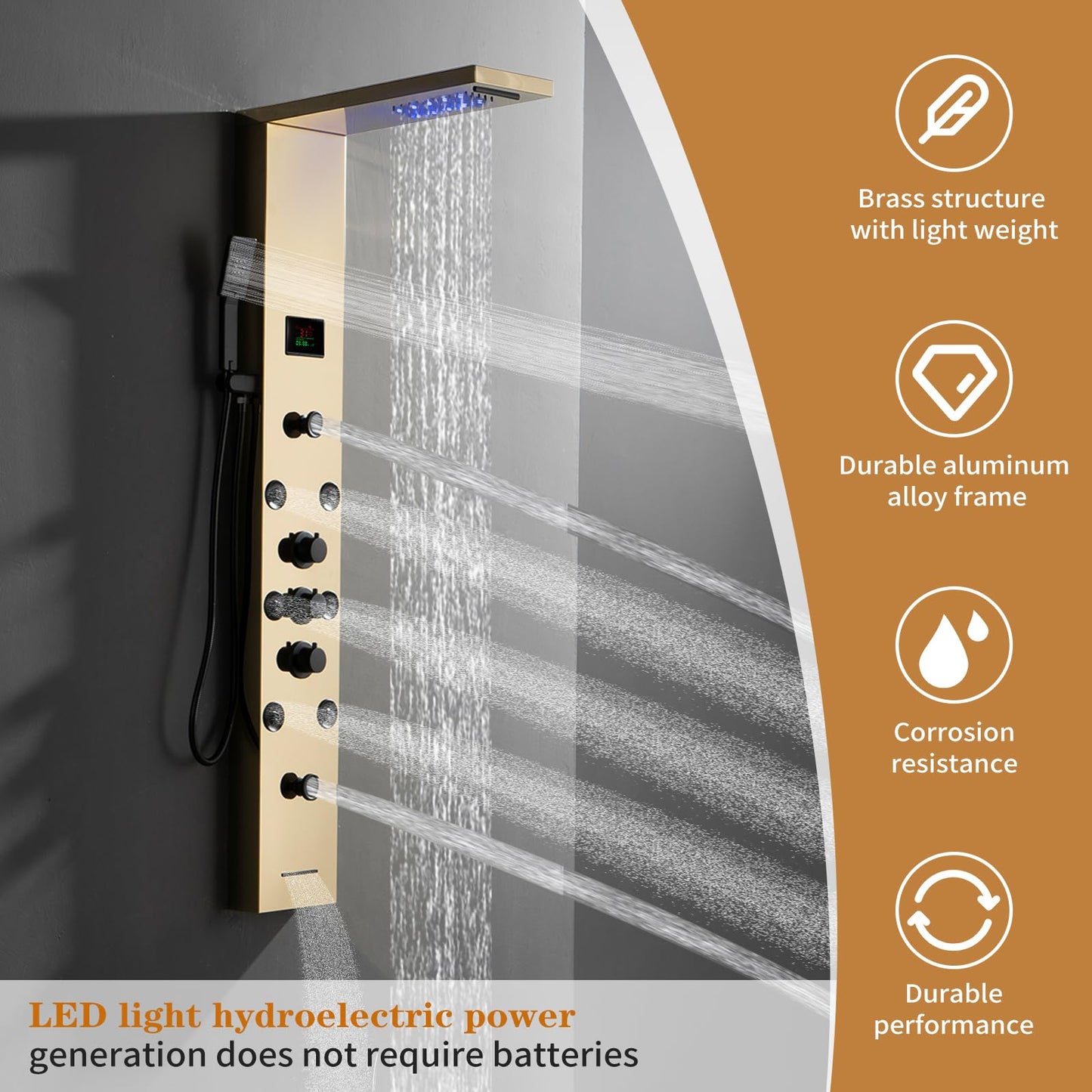 Bathfinesse gold shower panel system with LED light and LCD display, 5 in 1 massage modes, wall mounted shower tower