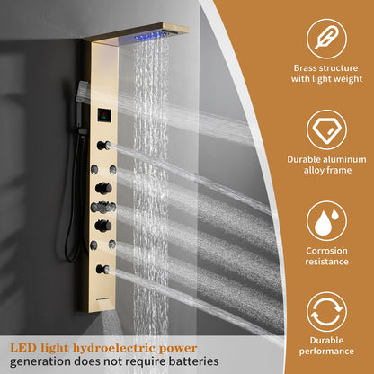 Bathfinesse gold shower panel system with LED light and LCD display, 5 in 1 massage modes, wall mounted shower tower