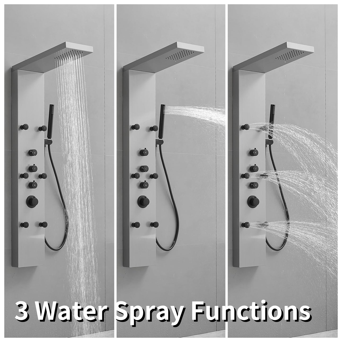 Greenspring brushed nickel shower panel tower with rainfall head, handheld wand and body jets, 3 in 1 multifunction system