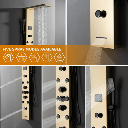 Bathfinesse gold shower panel system with LED light and LCD display, 5 in 1 massage modes, wall mounted shower tower