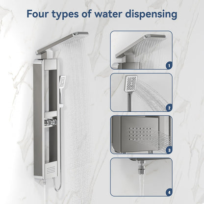 ELLO&ALLO shower panel tower system with rainfall shower head, body jets, stainless steel, shelf, brushed nickel and chrome finish