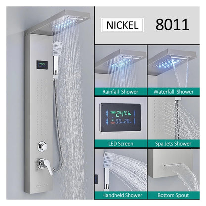 Shower Panel Tower System Rain Waterfall Shower Column Hydroelectricity LCD Display(Nickel 8011)