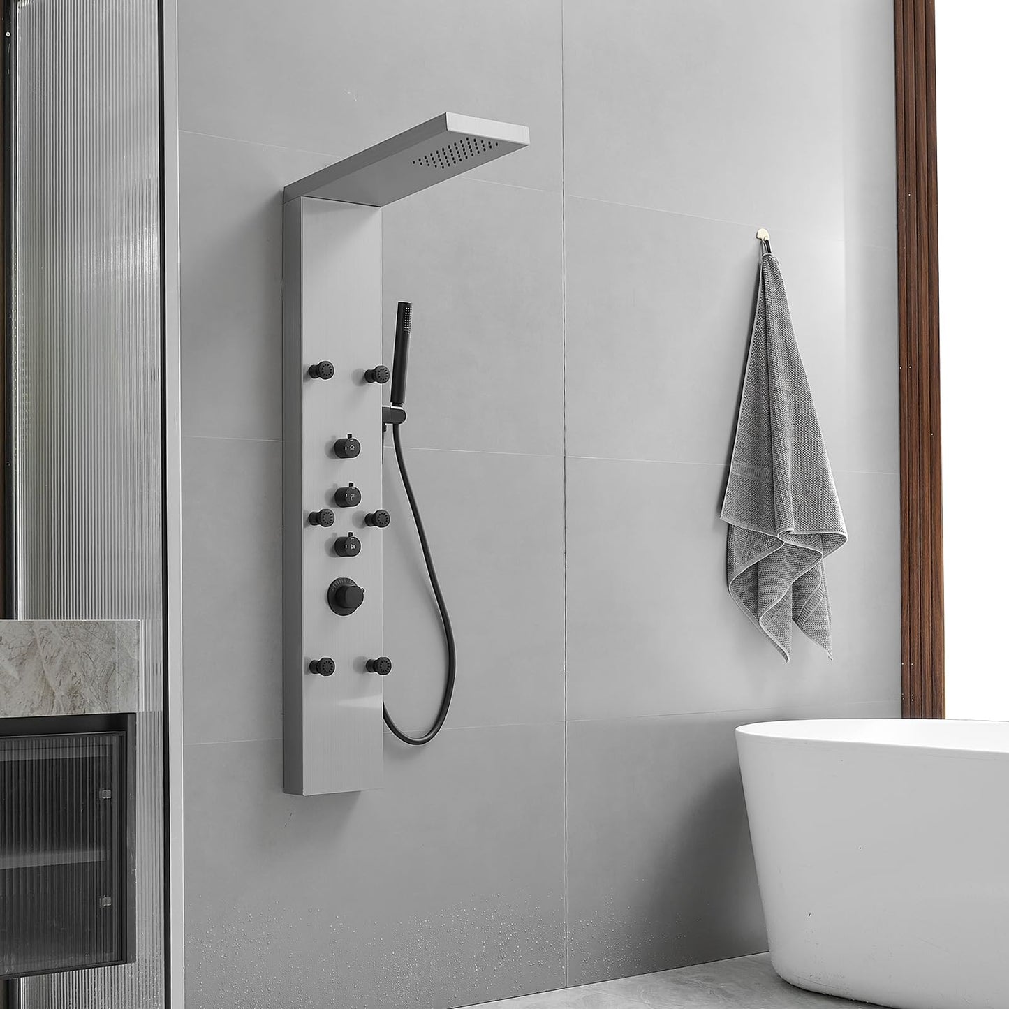 Greenspring brushed nickel shower panel tower with rainfall head, handheld wand and body jets, 3 in 1 multifunction system