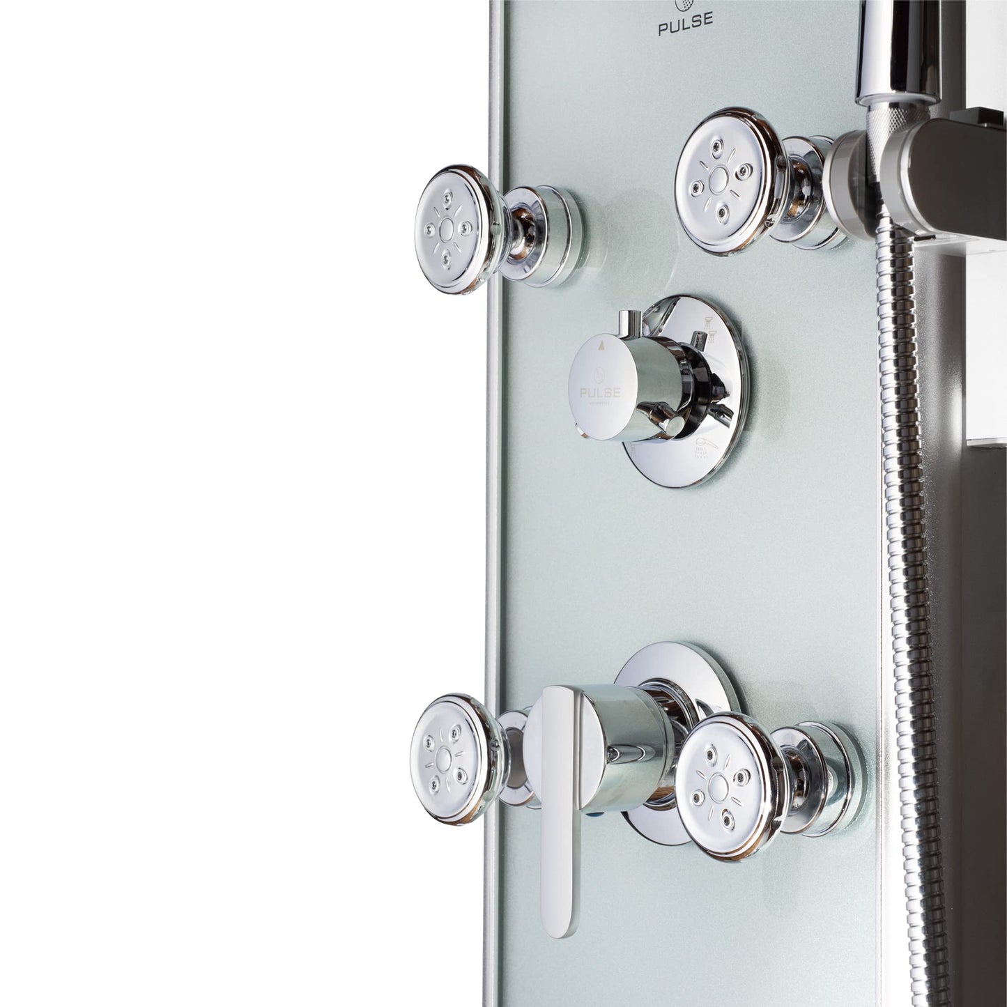 Kihei II shower panel system with 8 inch rainfall head, handheld spray, 6 body jets, 5 function wand and chrome fixtures